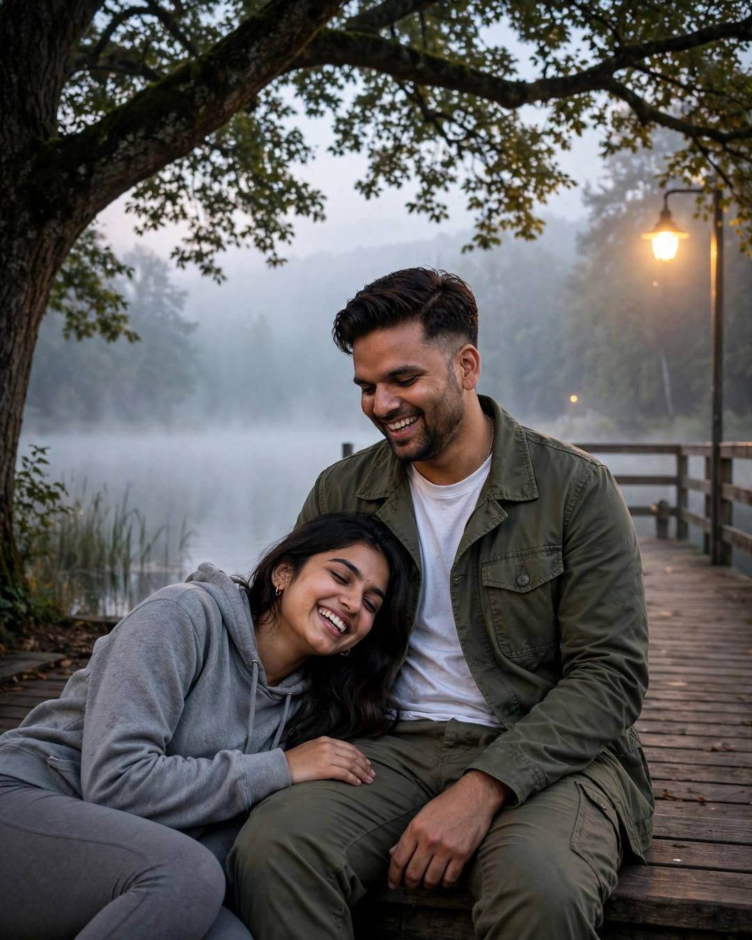 Young Indian couple laughing on a foggy wooden lake pier at dawn, man in olive field jacket, woman in grey hoodie