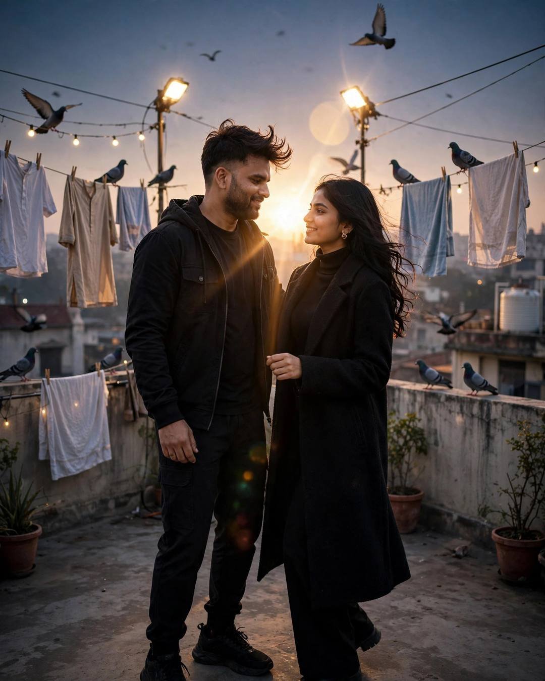 Young Indian couple on a rooftop terrace at golden hour, man in all-black streetwear, woman in black turtleneck and long coat, pigeons flying