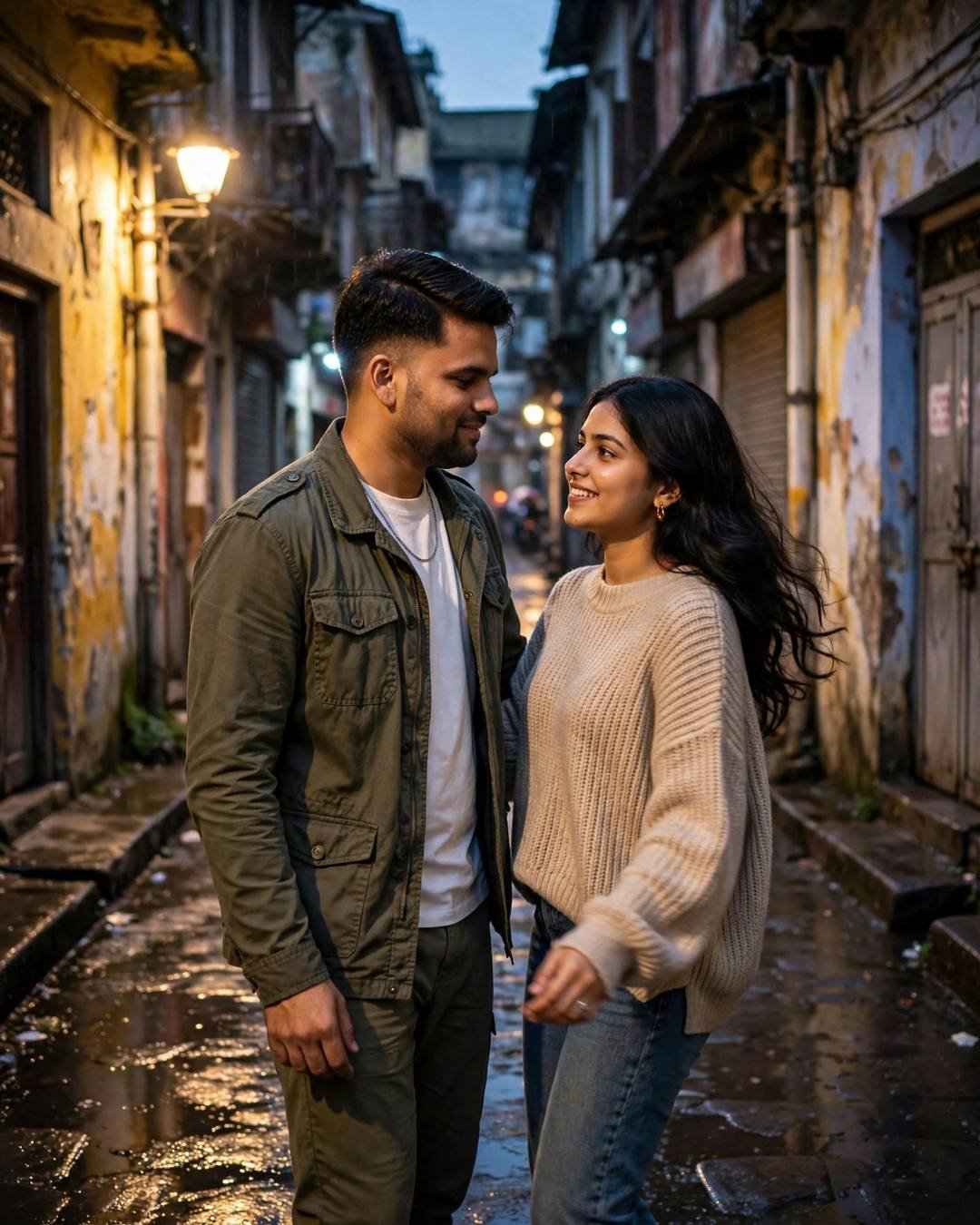 Young Indian couple smiling at each other in a narrow rain-washed old-city lane at night, man in olive field jacket, woman in beige sweater