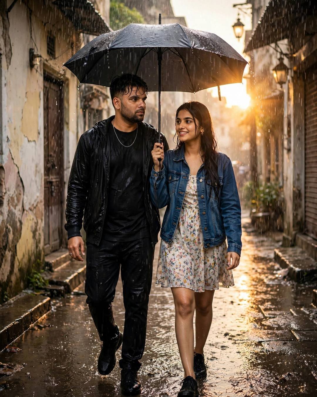 Young Indian couple walking under one umbrella in heavy monsoon rain in an old-city lane, man in black streetwear, woman in denim jacket and floral dress