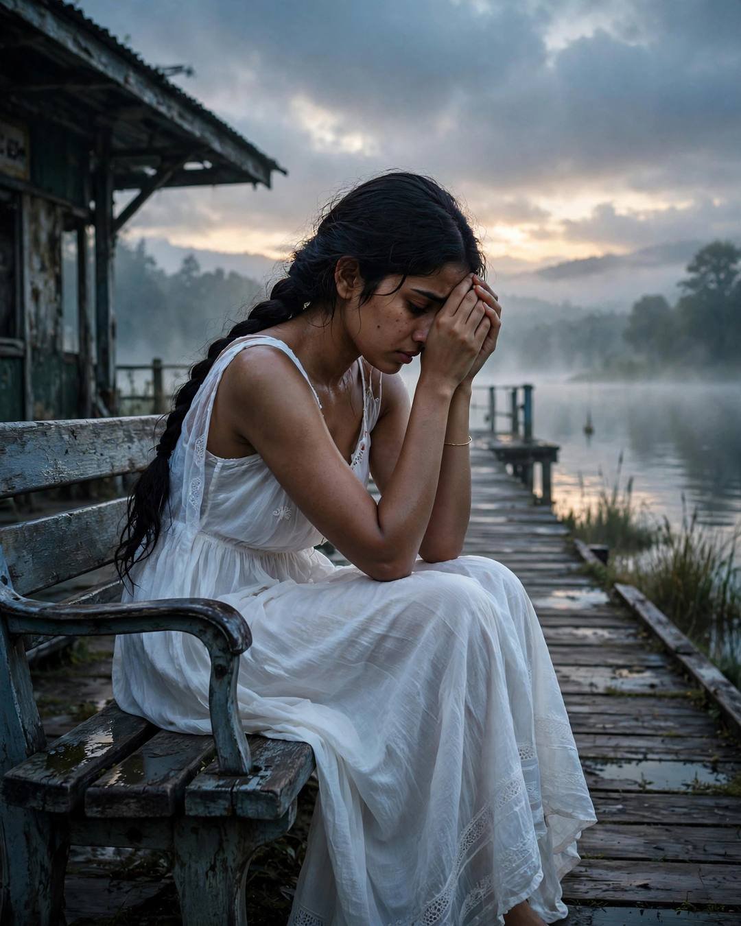 Young Indian woman in a flowing white summer dress with a long braid, sitting on a weathered bench at a misty lake pier at dawn, head resting in her hands