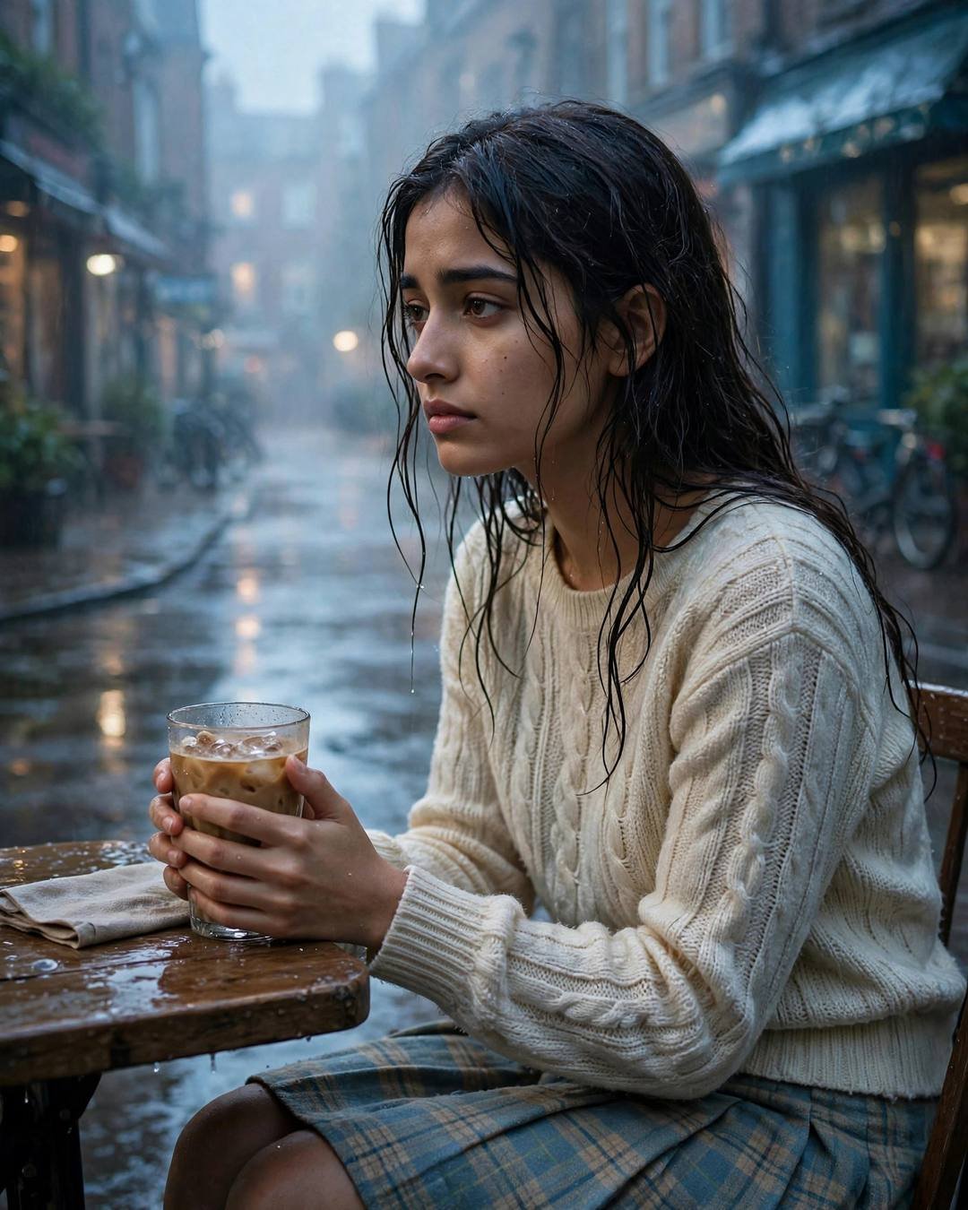 Young Indian woman in cream knit top and plaid skirt with wet hair, sitting with a cold coffee on a rain-soaked street at blue hour