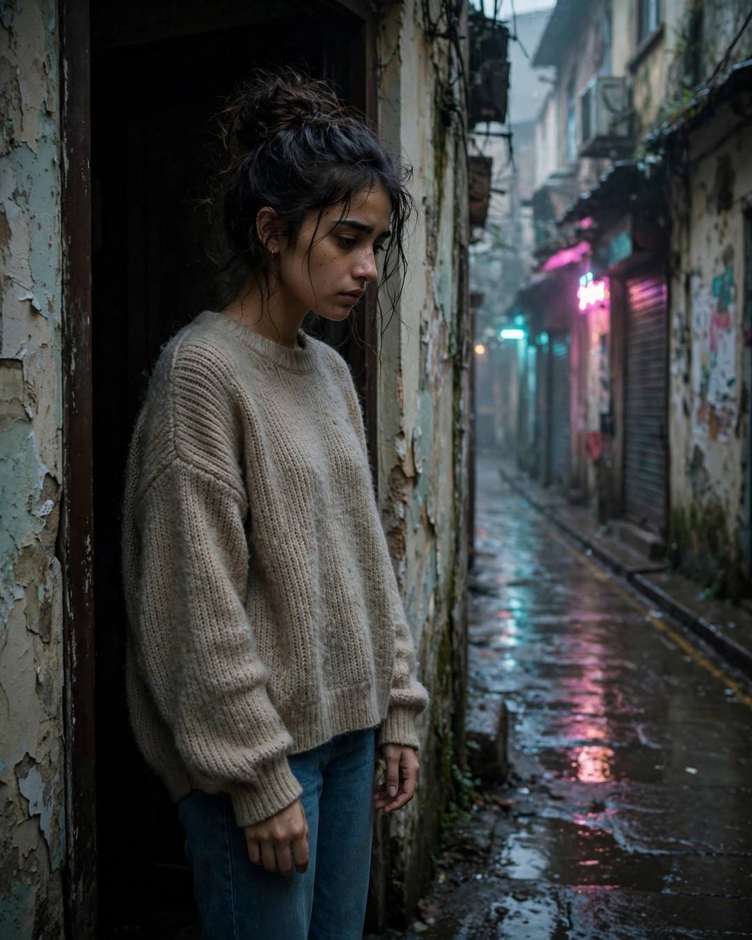 Young Indian woman in oversized beige sweater with a messy bun, standing in a shadowed doorway of a narrow old-city lane at dawn with neon pink and cyan light