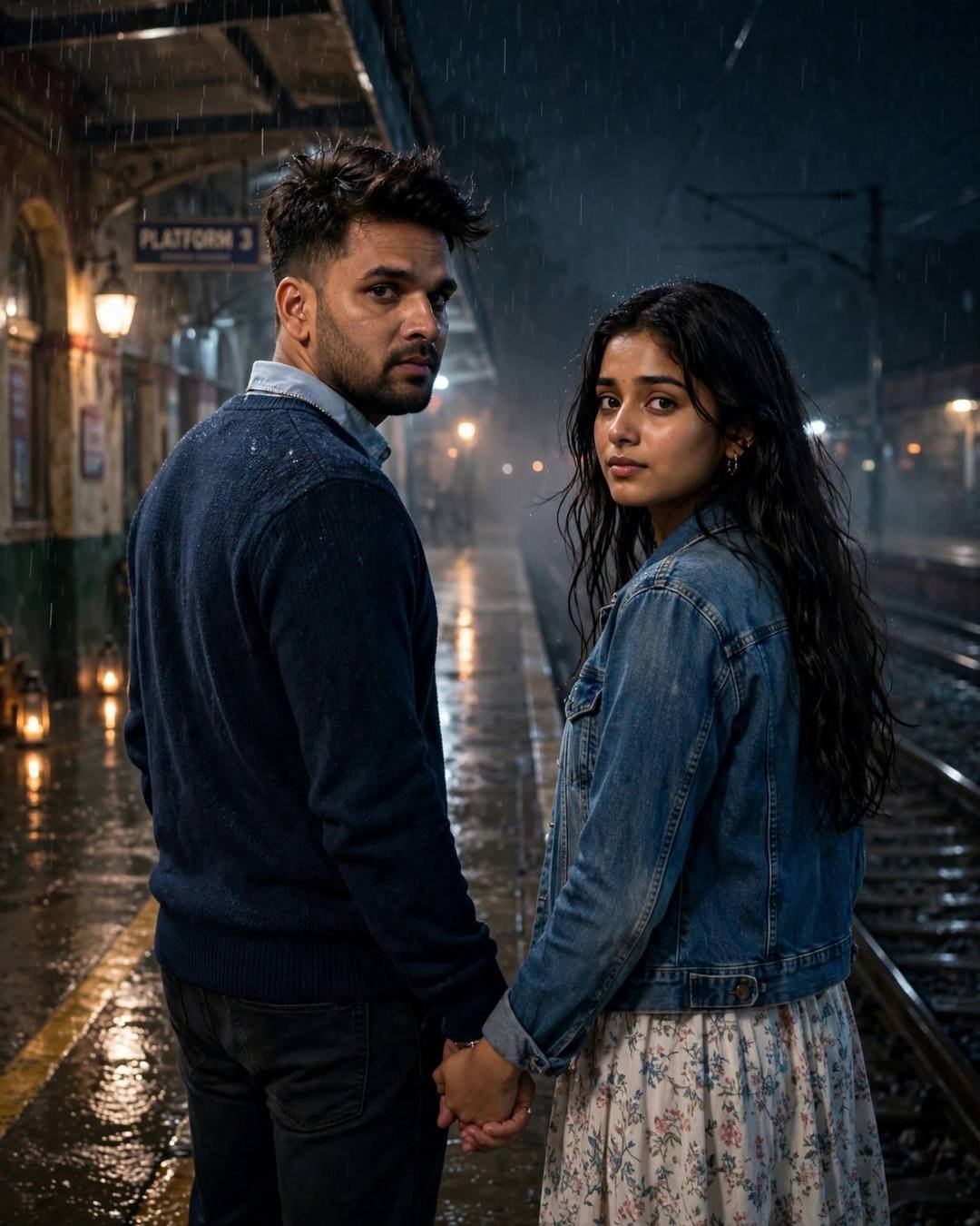 Young Indian couple holding hands on a rainy empty railway platform at night looking back, man in navy sweater, woman in denim jacket over floral dress