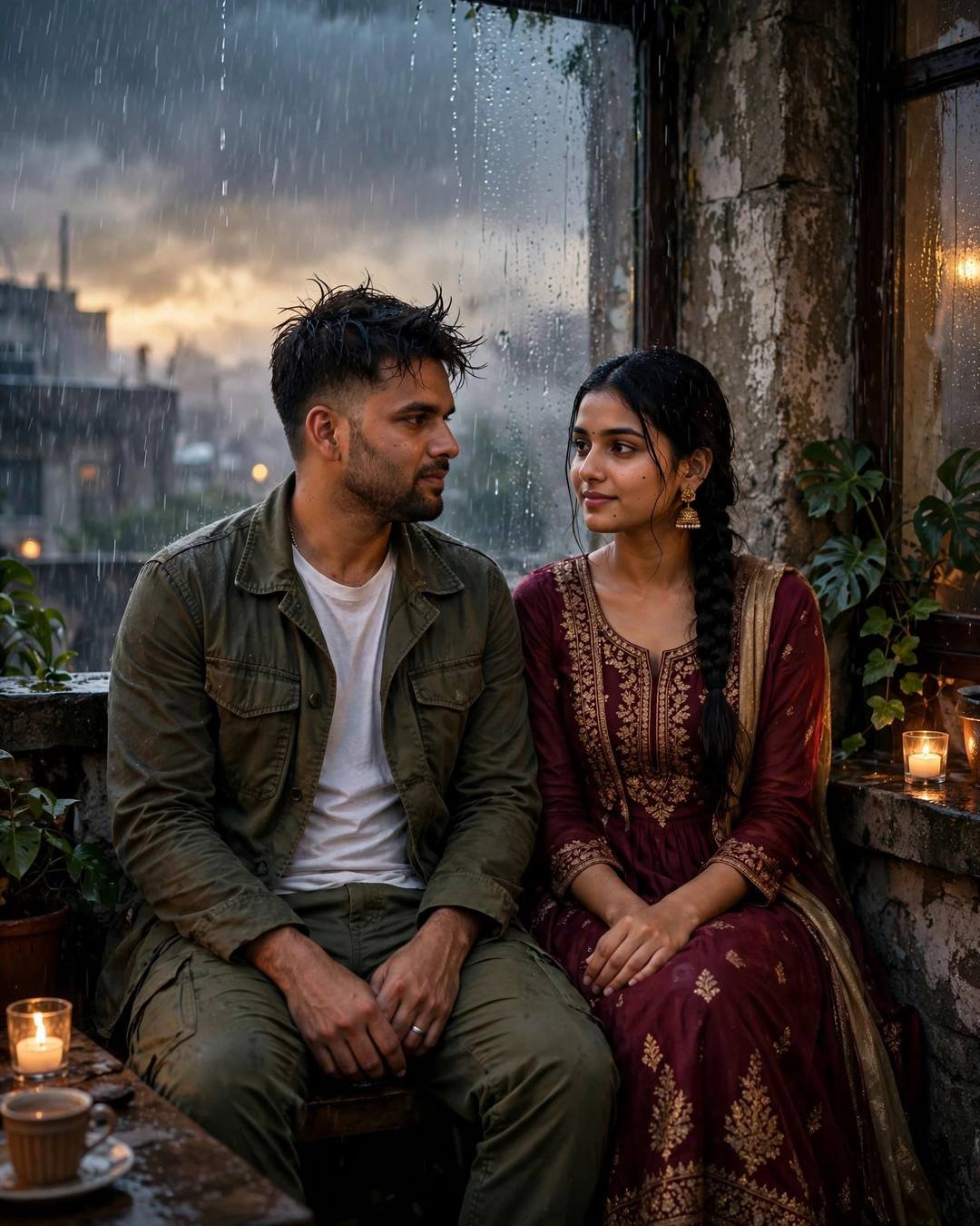 Young Indian couple with foreheads pressed together on a rainy rooftop, man in olive field jacket, woman in maroon anarkali with jhumkas, candles burning