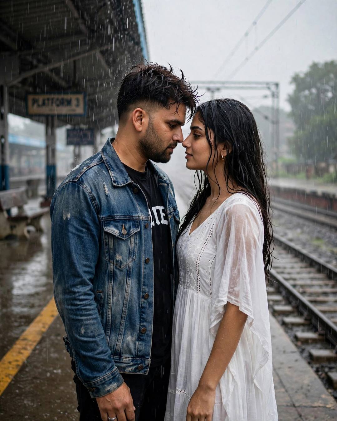Young Indian couple with foreheads almost touching on a rainy empty railway platform, man in denim jacket, woman in white summer dress