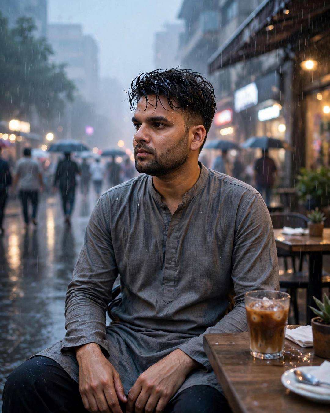 Young Indian man in grey kurta sitting at a cafe table with a cold coffee on a rain-soaked street, lost in thought, crowd blurring behind