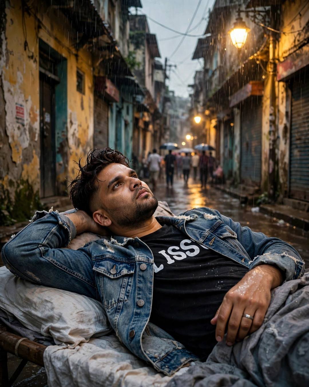 Young Indian man in distressed denim jacket reclining on a charpai in a narrow old-city lane, arm behind head, gazing up at monsoon rain