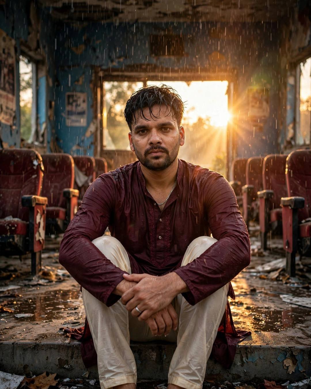 Young Indian man in maroon kurta sitting with knees drawn up in an abandoned cinema hall, rain falling through the broken roof, golden-hour lens flare