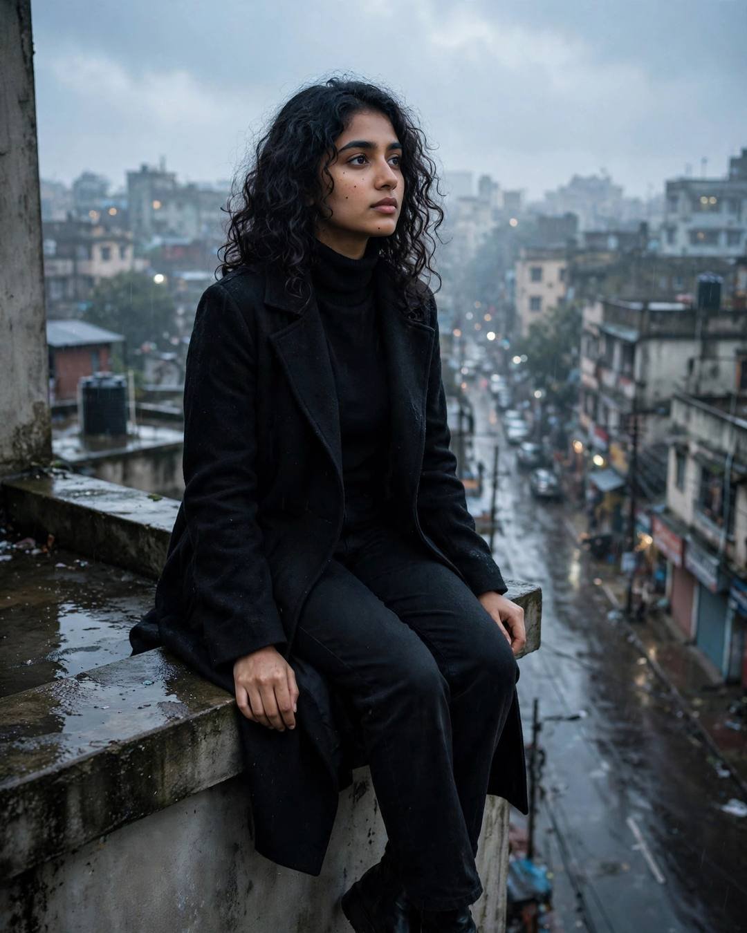 Young Indian woman with curly hair in black turtleneck and long coat sitting on a rooftop ledge above a rainy city street