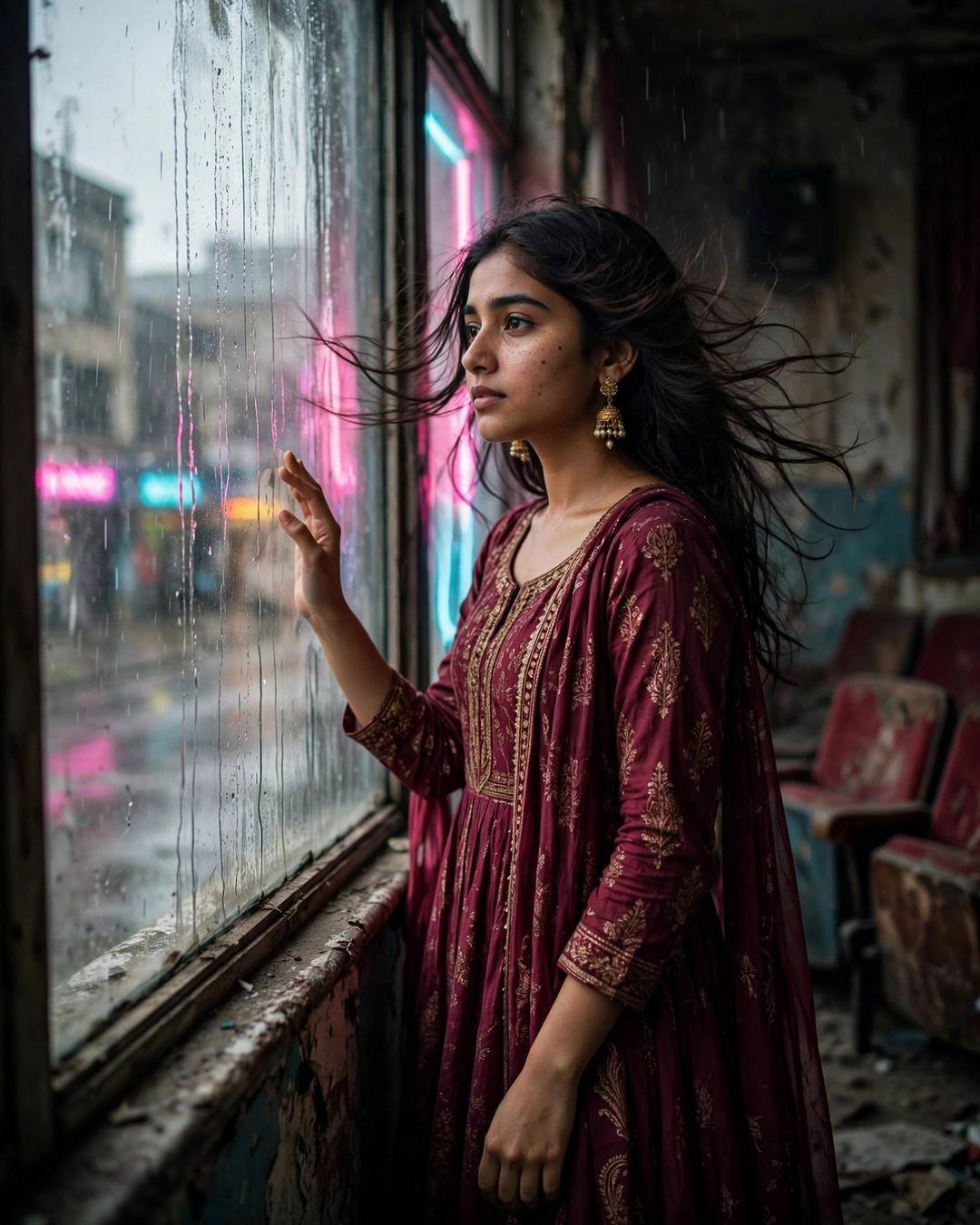 Young Indian woman in maroon anarkali with jhumkas standing at a rain-streaked window in an abandoned cinema, neon lights outside