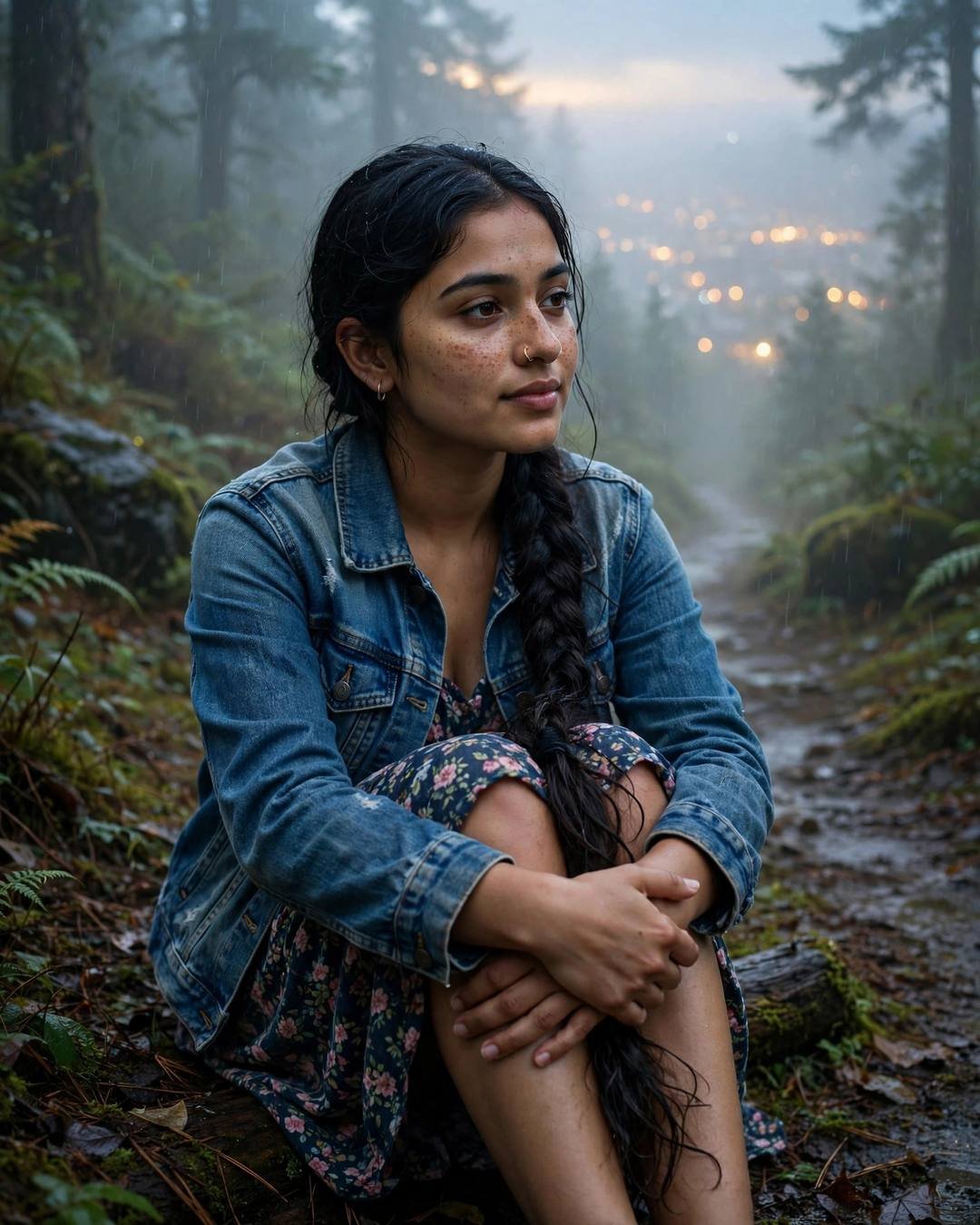 Young Indian woman in denim jacket over floral dress sitting with knees drawn up on a misty forest path, long braid over shoulder