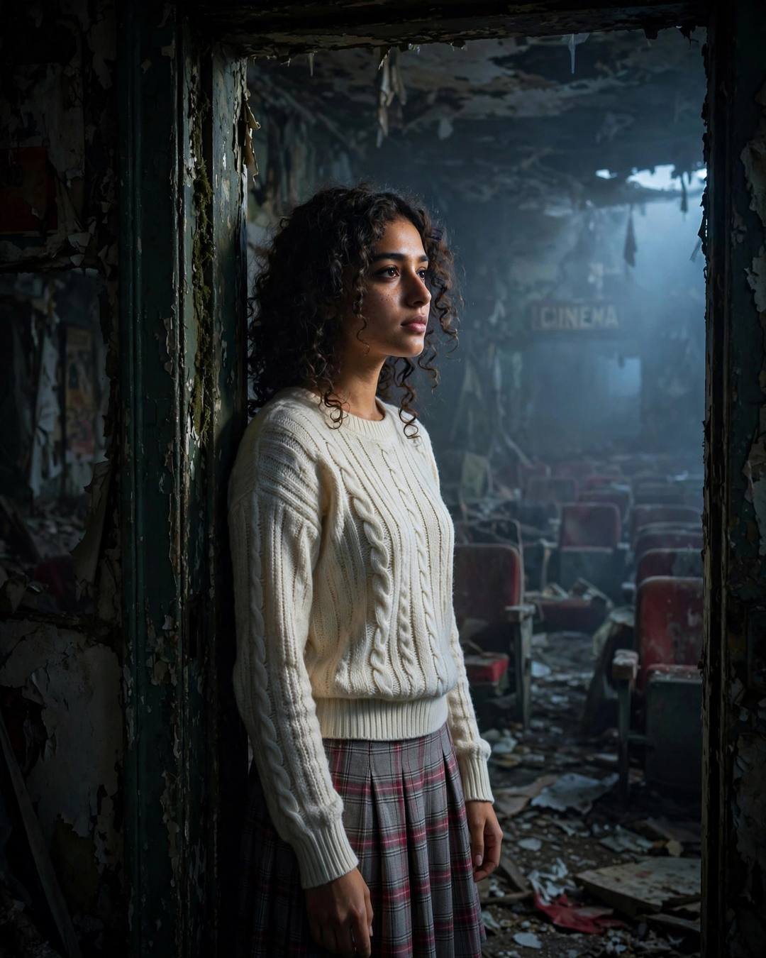 Young Indian woman in cream knit top and plaid skirt standing half in shadow in the doorway of an abandoned moonlit cinema
