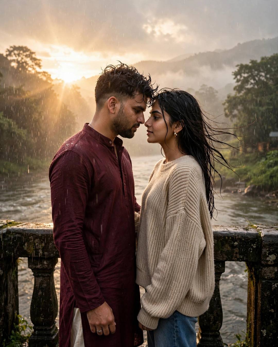 Young Indian couple with foreheads almost touching on a bridge over a river at dawn, man in maroon kurta, woman in oversized beige sweater, golden light through rain