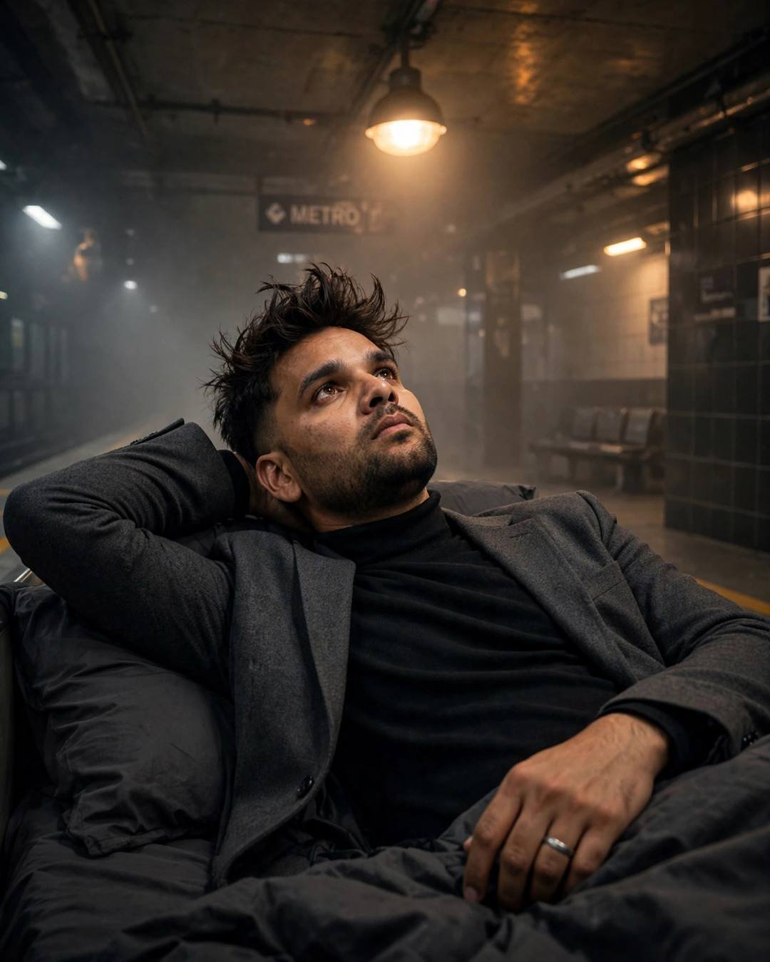 Young Indian man in charcoal blazer and black turtleneck reclining at a foggy midnight metro station, arm behind head, gazing up