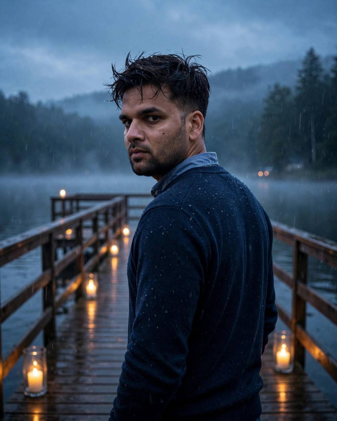 Young Indian man in navy sweater walking away down a candle-lined lake pier at dawn, glancing back over his shoulder through the mist