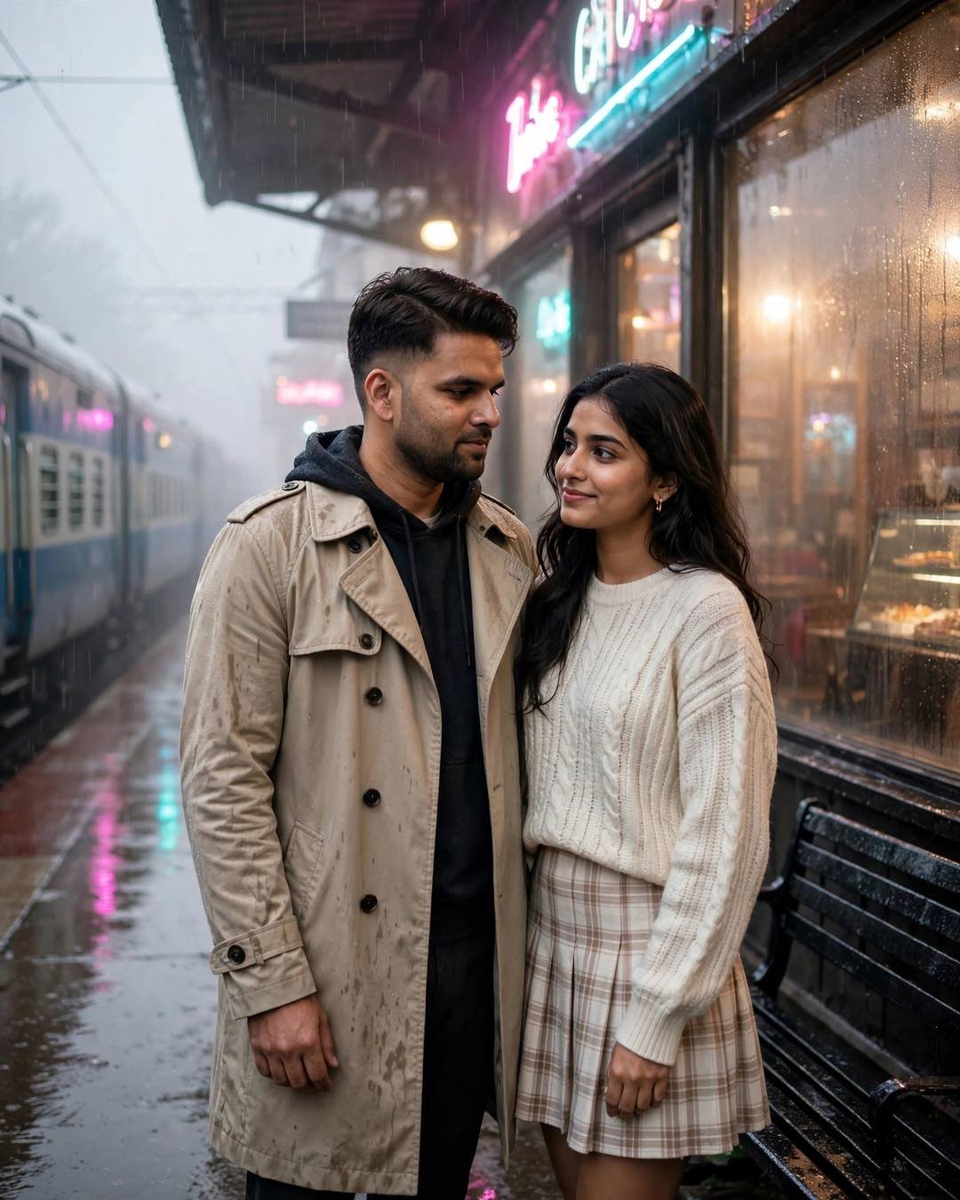Young Indian couple hugging on a rainy railway platform at dawn, man in beige trench coat, woman in cream knit top and plaid skirt