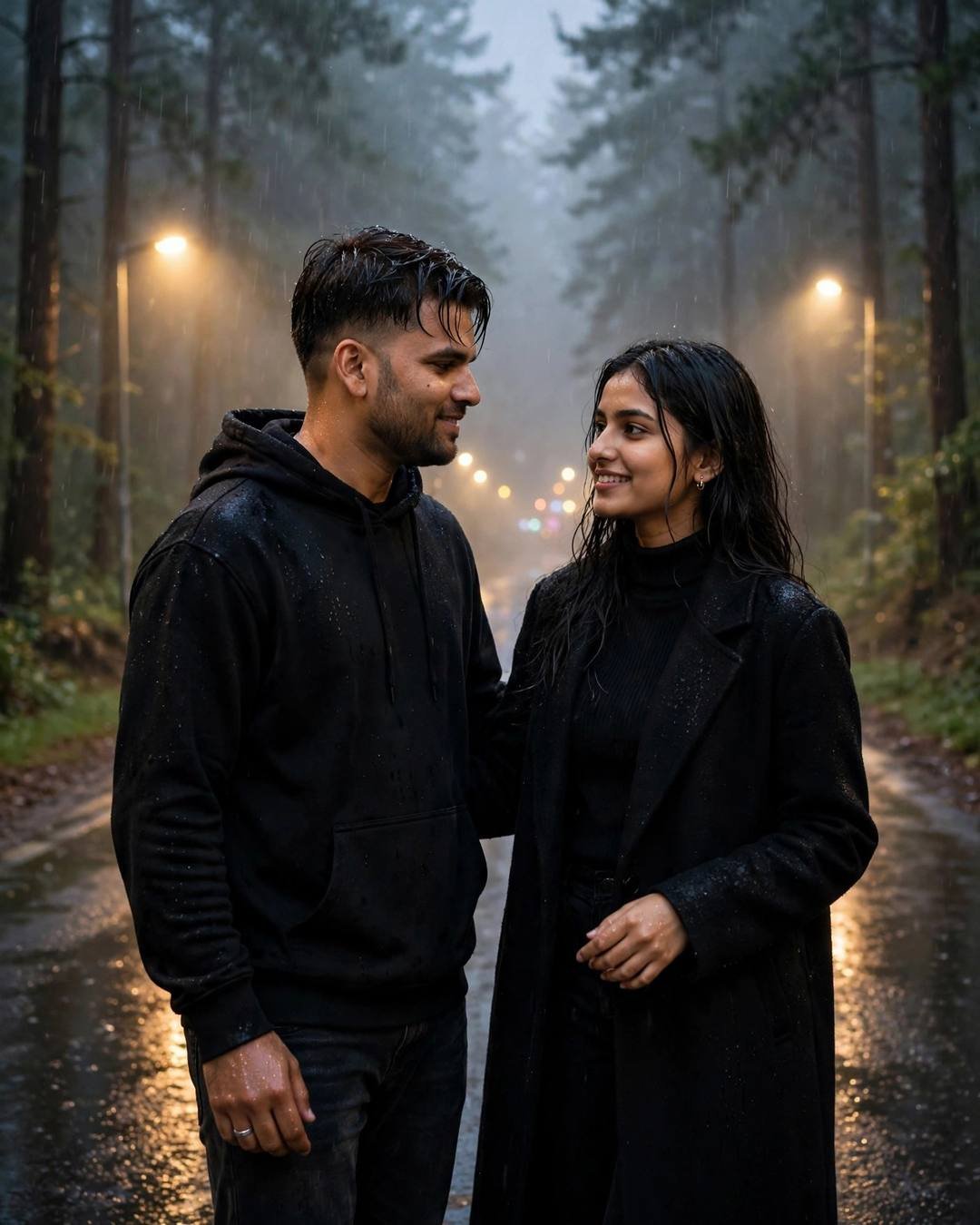 Young Indian couple standing close on a rainy misty street at night, man in black oversized hoodie, woman in black turtleneck and long coat