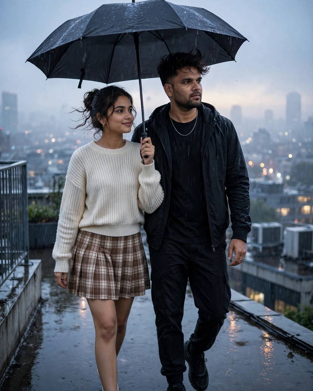 Young Indian couple walking under one umbrella on a rooftop at blue hour, man in black streetwear, woman in cream knit top and plaid skirt, city lights below