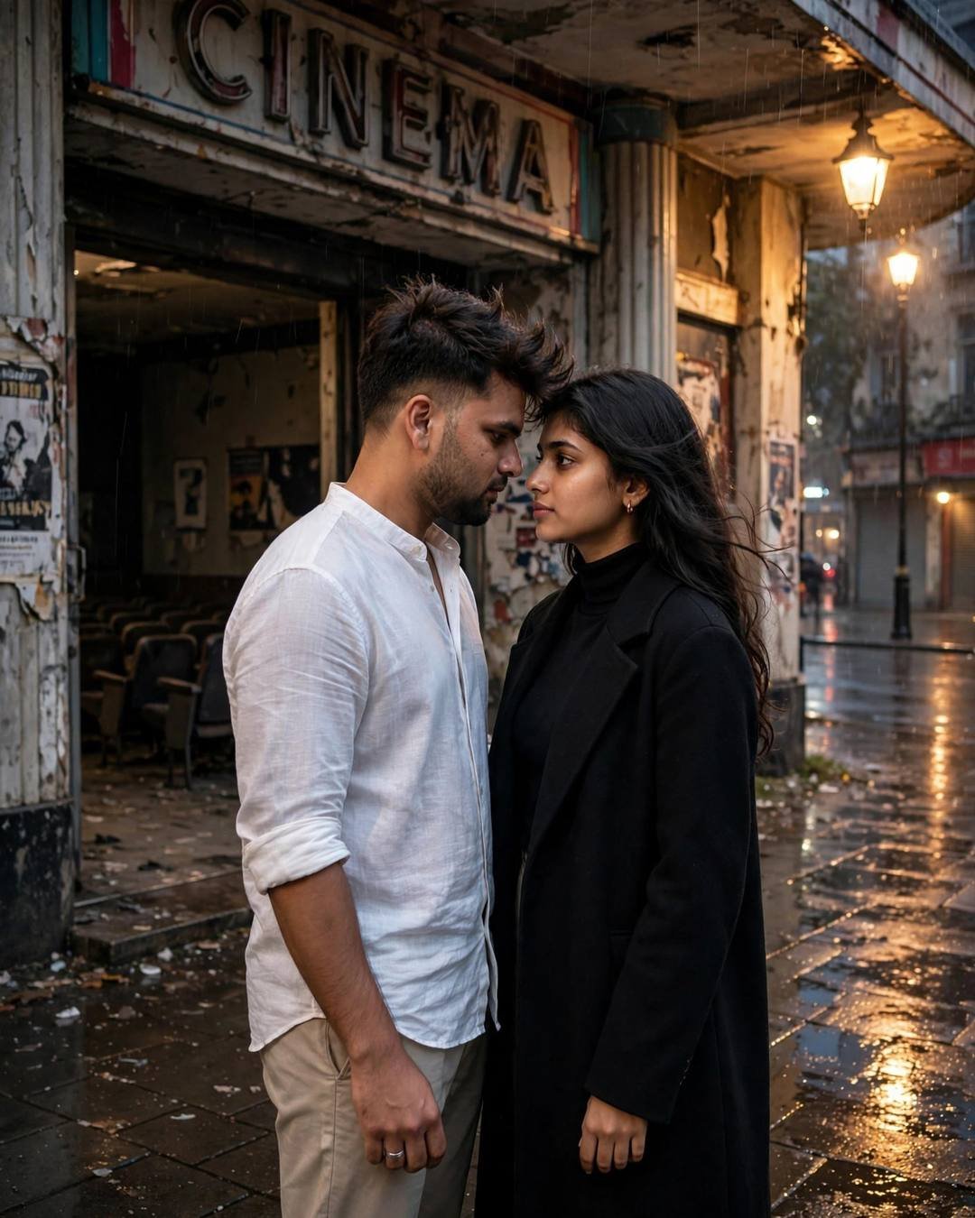 Young Indian couple with foreheads almost touching outside an abandoned cinema hall at night, man in white linen shirt, woman in black coat