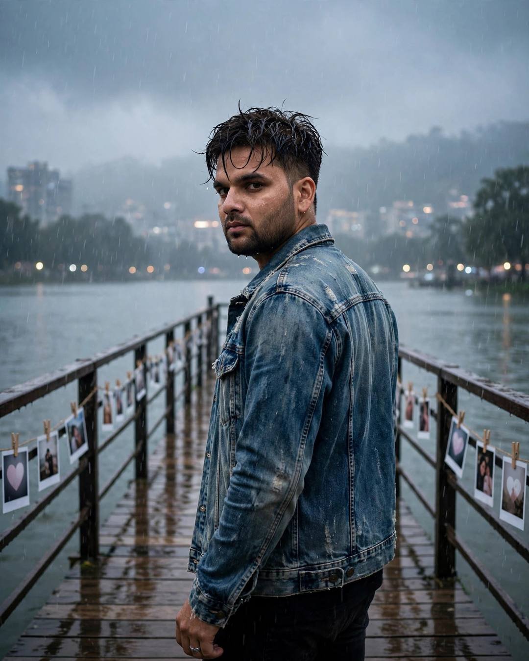 Young Indian man in distressed denim jacket standing on a rainy lake pier looking over his shoulder, polaroid photos hanging on the railing