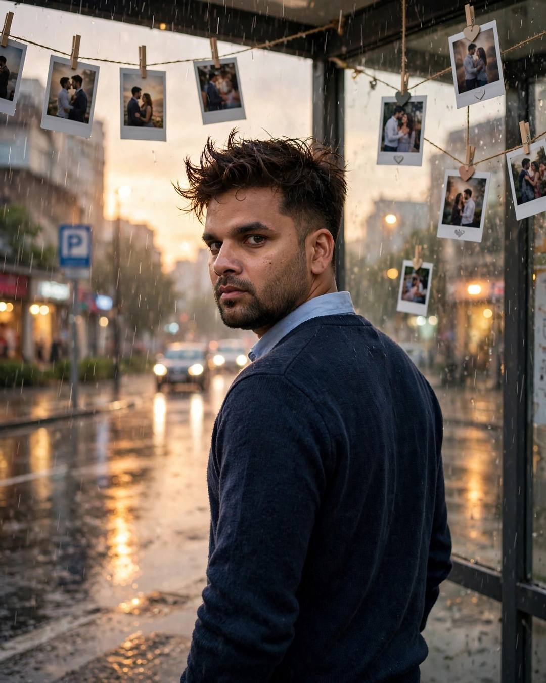 Young Indian man in navy sweater at a rainy bus stop looking over his shoulder, polaroid photos of a couple hanging on strings