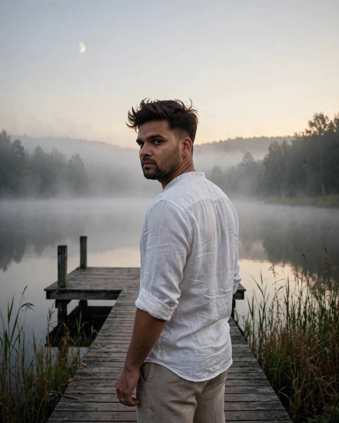 Young Indian man in white linen shirt looking back over his shoulder on a foggy lake pier at dawn, pale moon in the sky