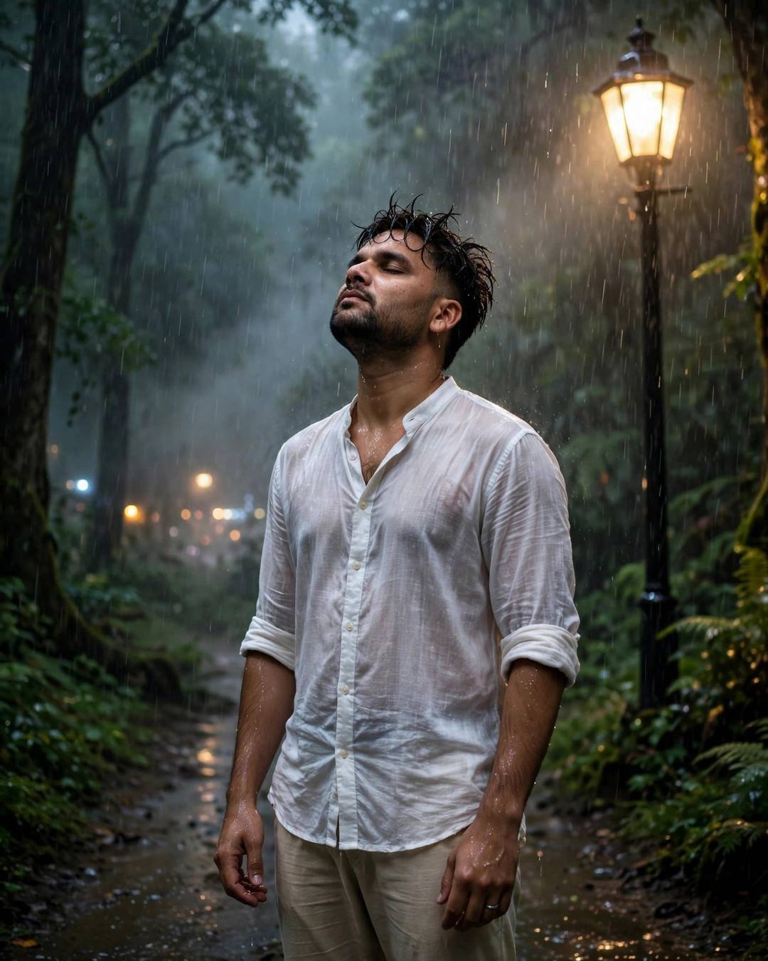 Young Indian man in white linen shirt standing under a streetlamp in heavy rain, face lifted to the sky on a misty forest path