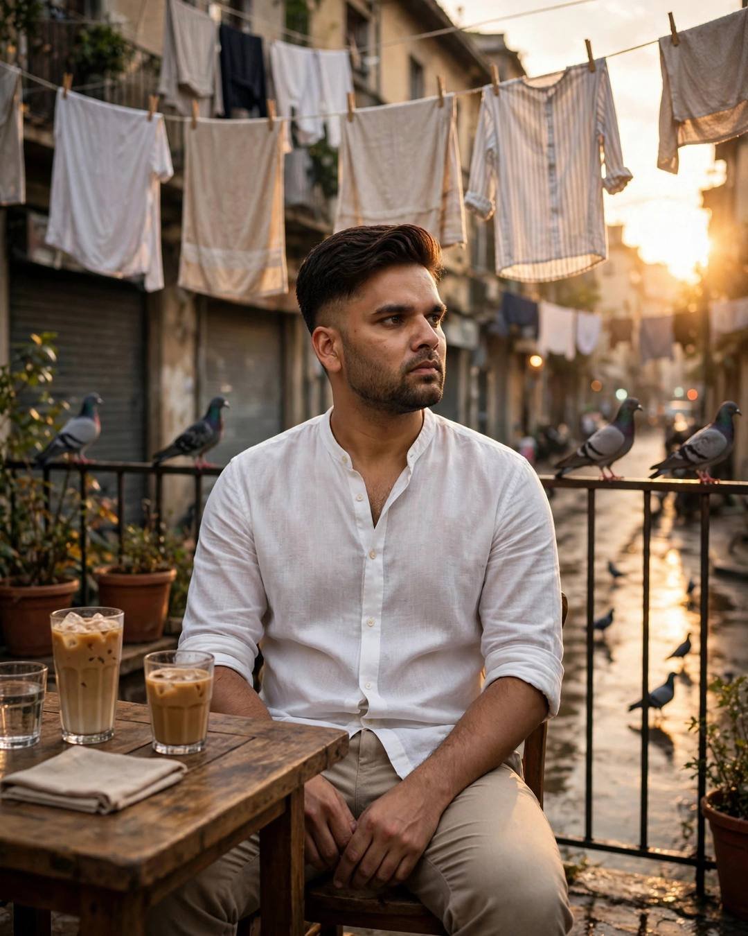 Young Indian man in white linen shirt sitting with a cold coffee on a sun-washed terrace with clothes lines and pigeons