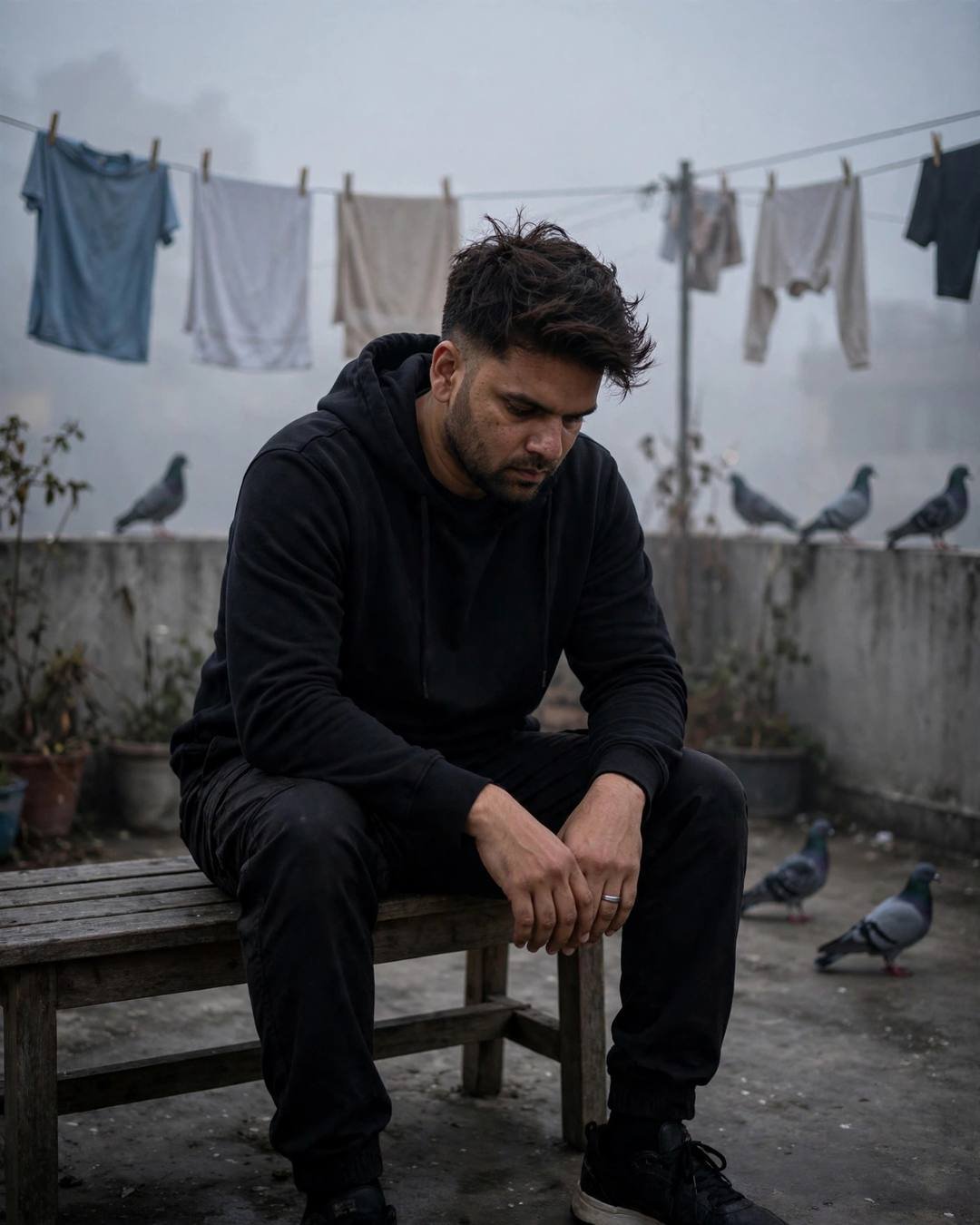 Young Indian man in all-black streetwear sitting on a foggy terrace bench with head bowed, pigeons and clothes lines around