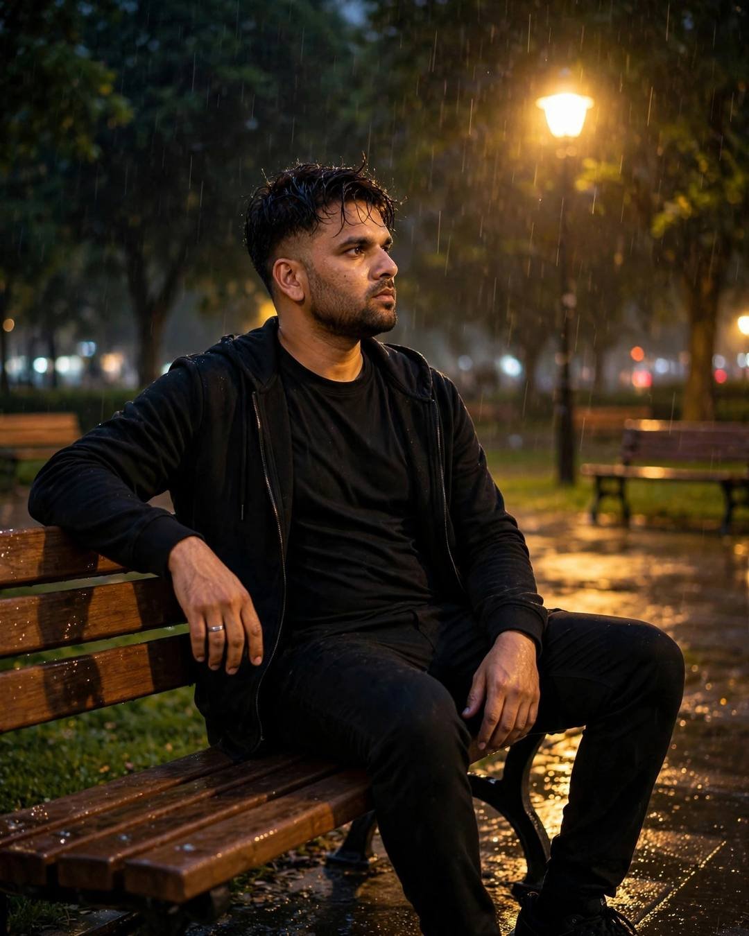 Young Indian man in all-black streetwear sitting on a park bench at night in light rain, sodium lamp glowing, gazing into the distance