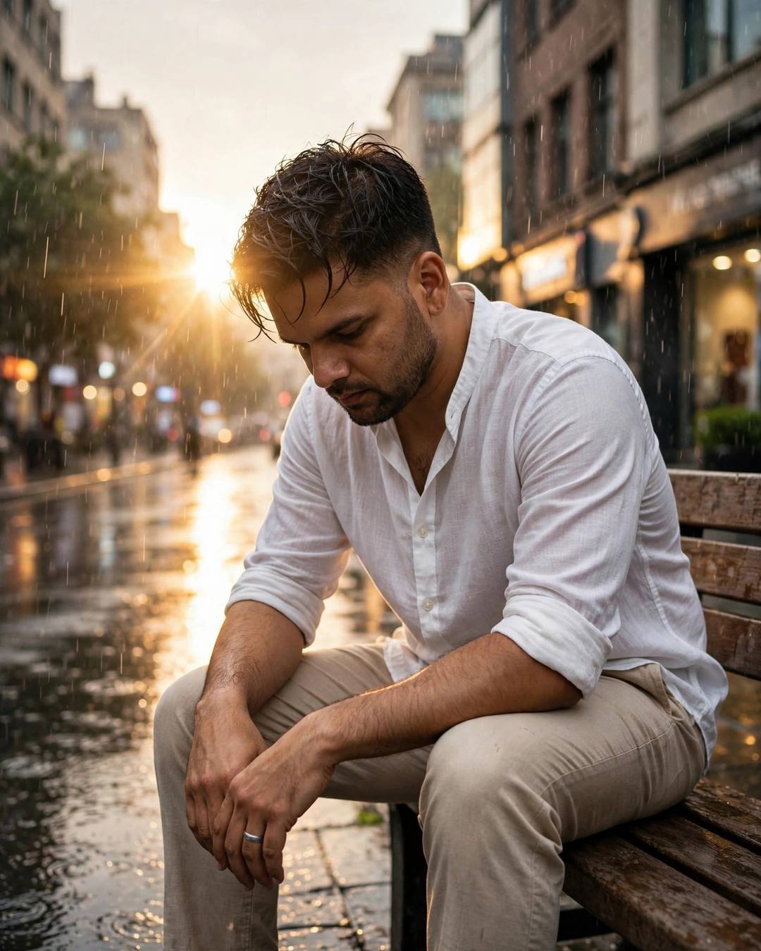 Young Indian man in white linen shirt sitting on a rain-washed city bench with head bowed, golden backlight flaring through rain