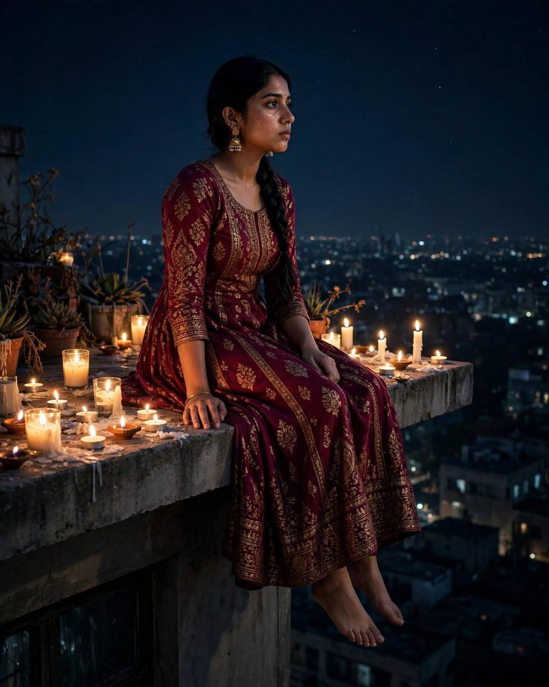 Young Indian woman in maroon anarkali with jhumkas sitting barefoot on a candlelit rooftop ledge at night, city lights below