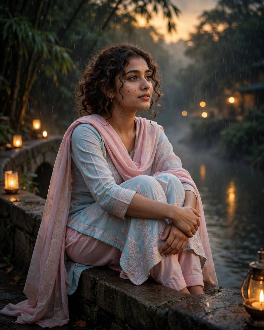 Young Indian woman in pastel salwar-kameez with dupatta sitting with knees drawn up by a river, candles glowing, golden hour rain