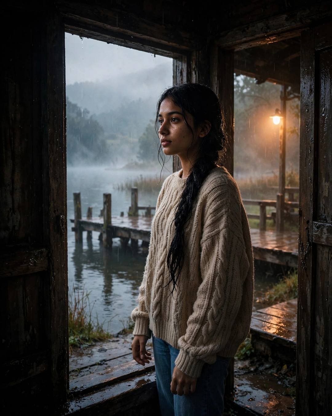 Young Indian woman in oversized beige sweater with long braid standing in a wooden doorway at a misty lake pier, sodium lamp glowing