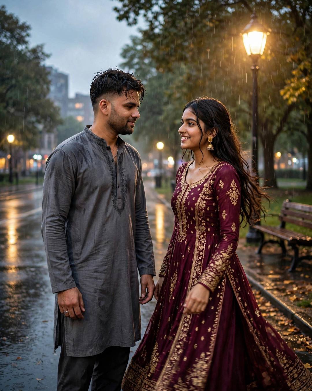 Young couple dancing slowly on a wet park path in the rain, grey kurta and maroon anarkali with jhumkas, streetlamps glowing, golden hour, cinematic portrait
