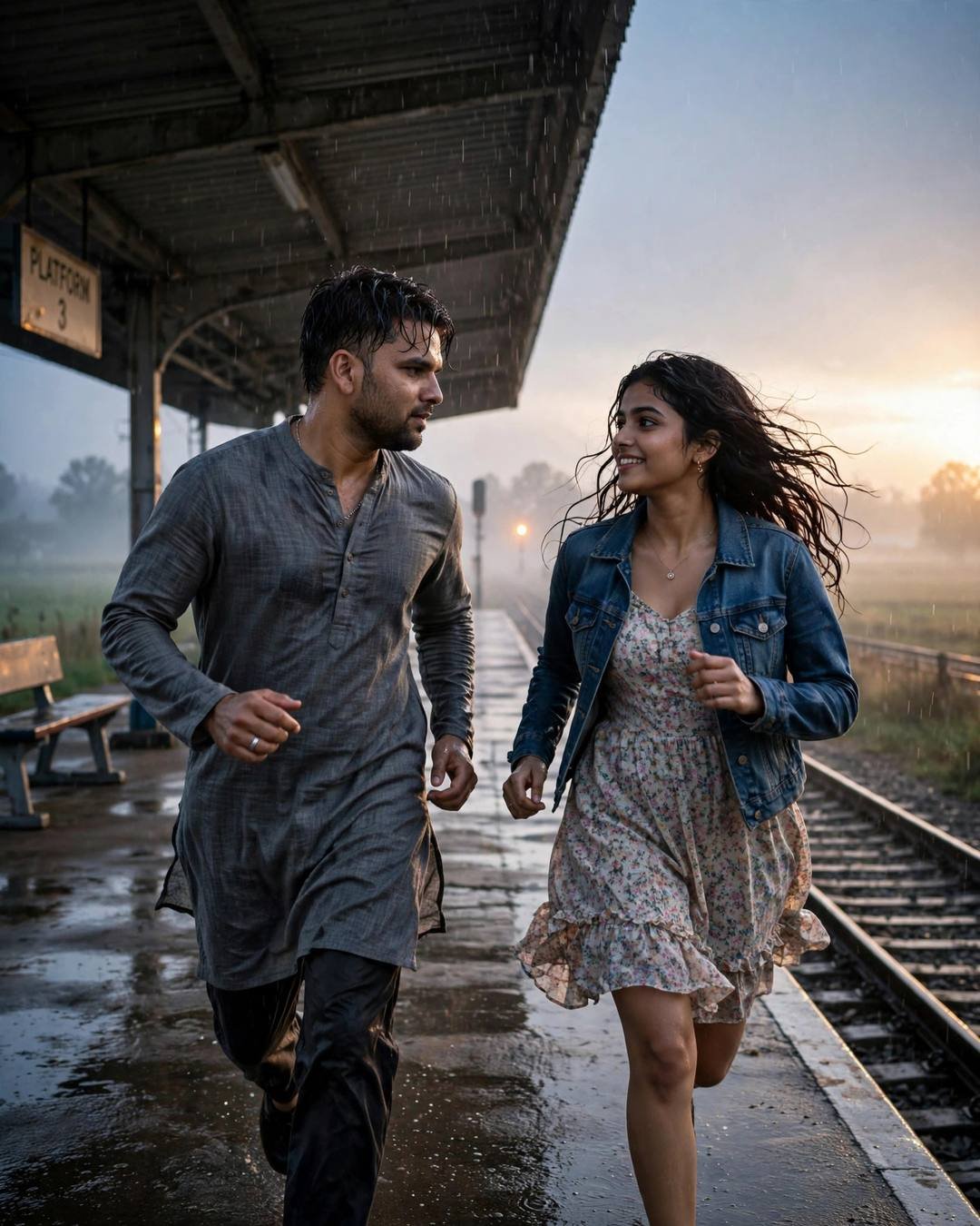 Young couple running together on a rainy railway platform at dawn, grey kurta and denim jacket over floral dress, dramatic side light, cinematic portrait