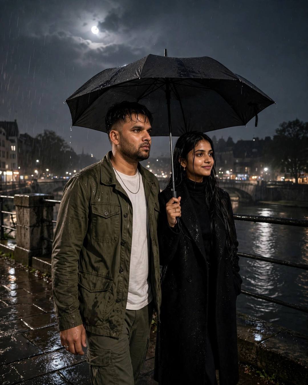 Young couple standing close under one umbrella on a riverside bridge at midnight, moon and rain, olive field jacket and black turtleneck with long coat, cinematic portrait