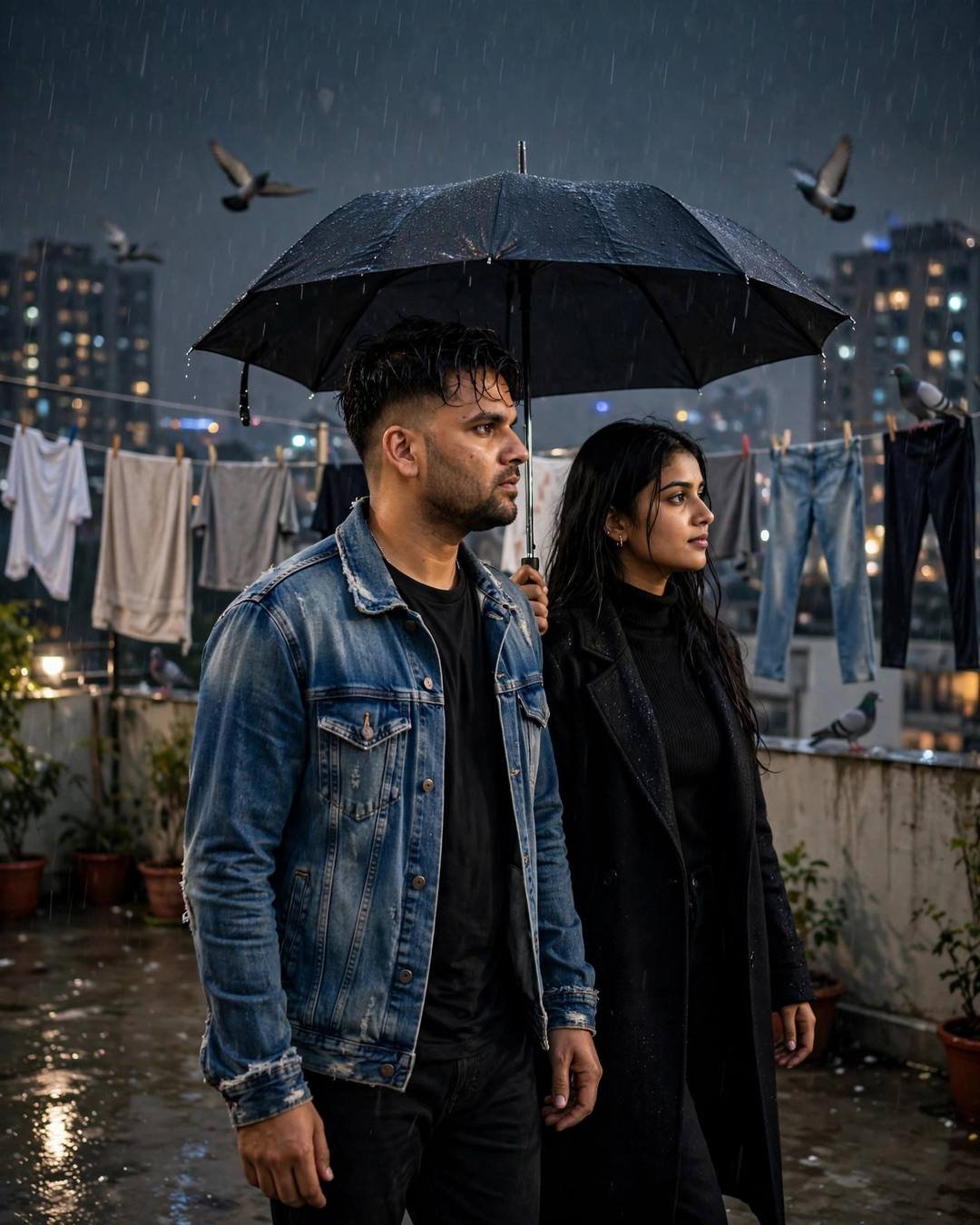 Young couple walking side by side under one umbrella on a rain-wet rooftop at midnight, laundry lines and pigeons around, city glow, cinematic portrait