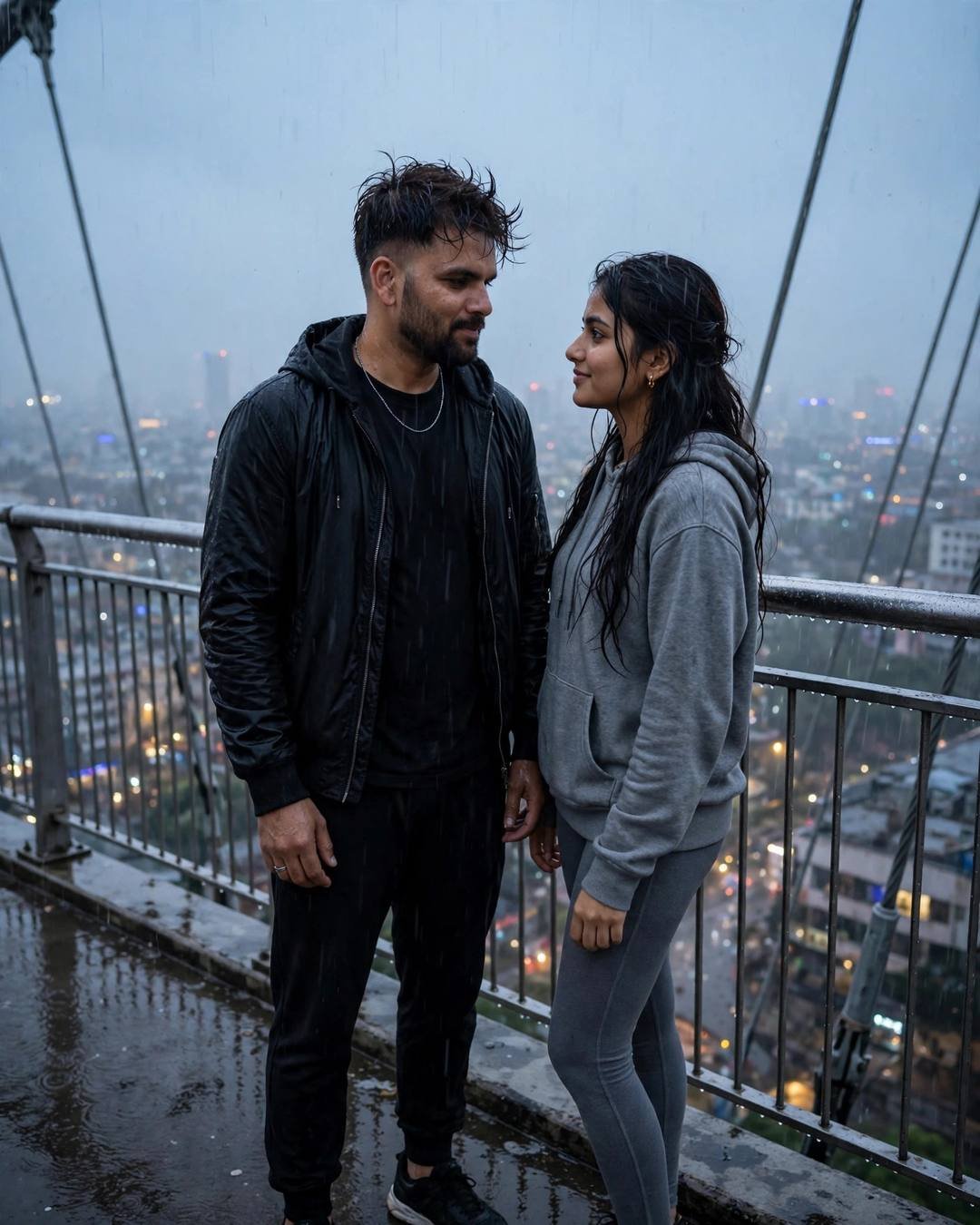 Couple standing face to face on a cable-stayed bridge in heavy monsoon rain at blue hour, man in all-black streetwear, woman in grey hoodie and leggings, city lights blurred below