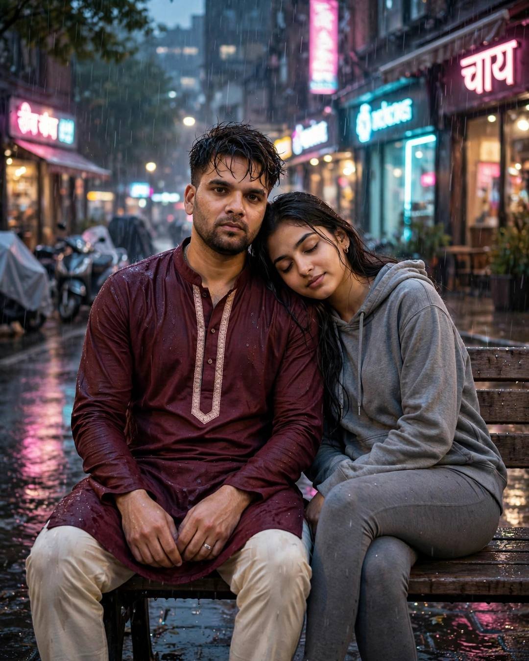 Couple sitting close on a bench on a rain-soaked city street at night with neon signs glowing, her head on his shoulder, man in maroon kurta, woman in grey hoodie