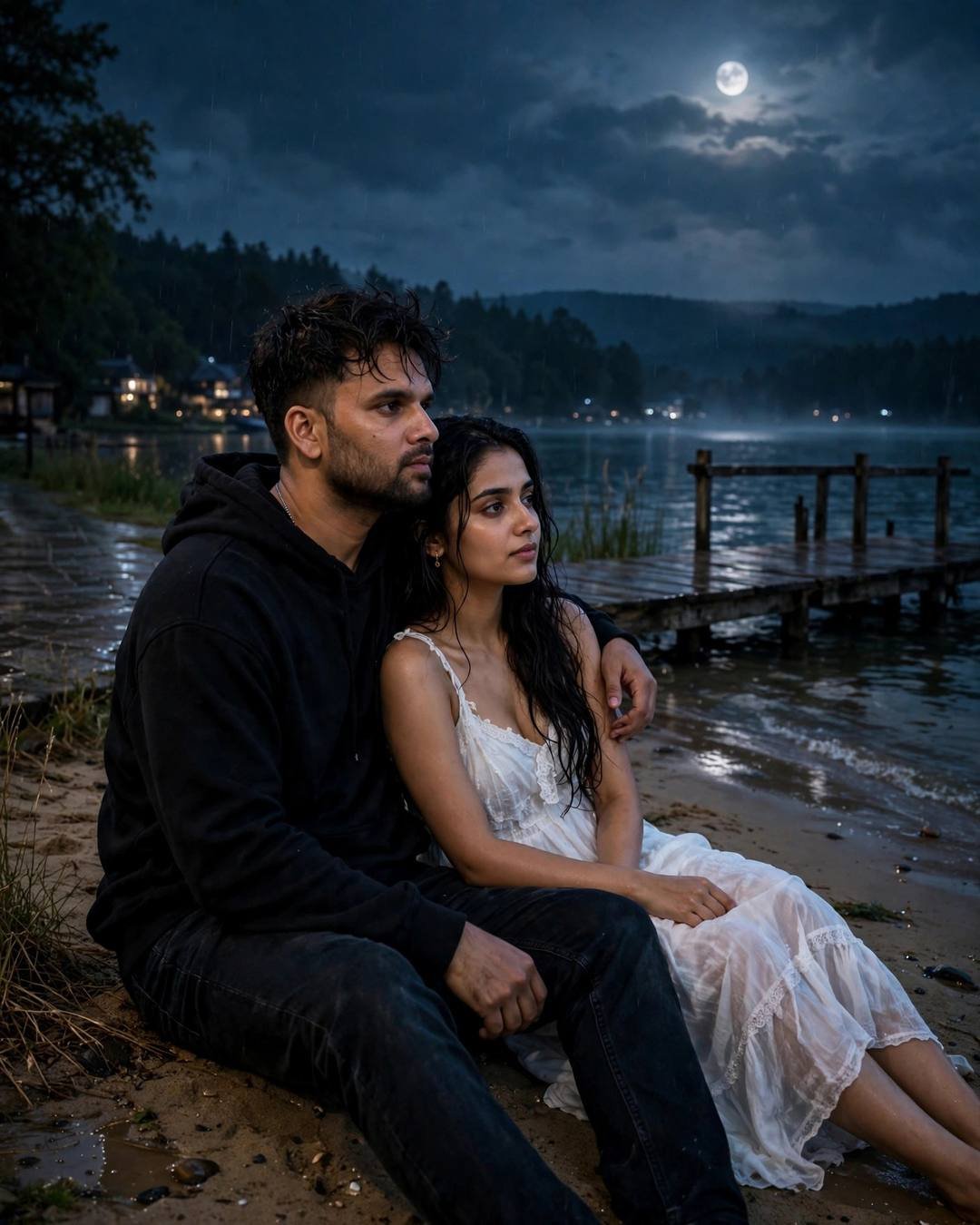Couple sitting on the sand at a quiet lake pier at midnight, man in black oversized hoodie with his arm around her, woman in flowing white summer dress, moonlit water