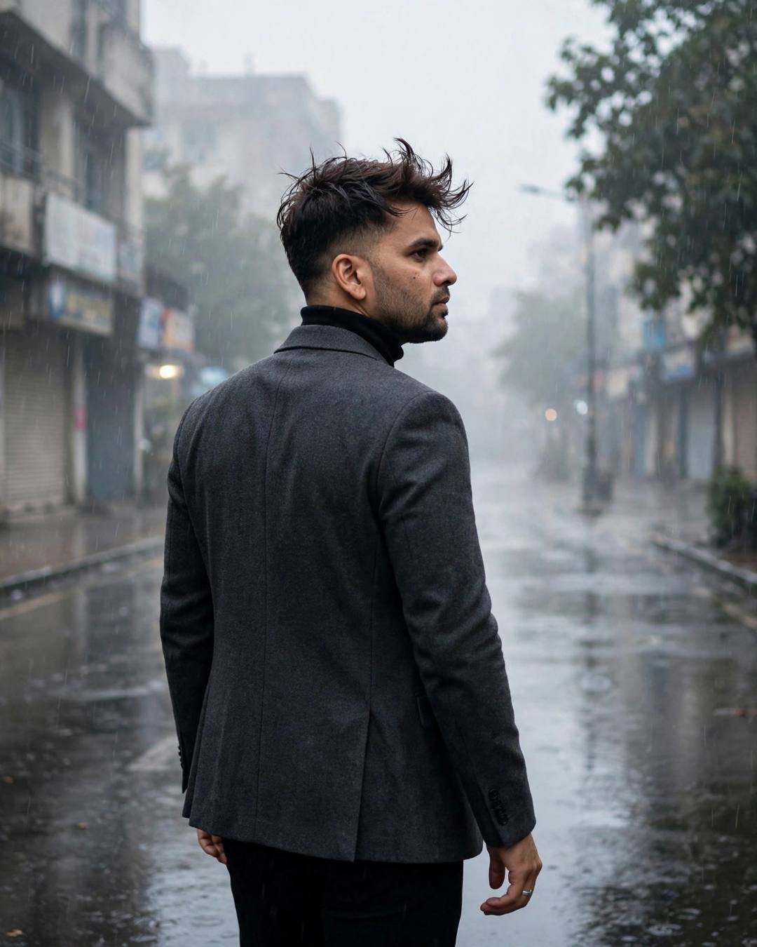 Young Indian man in charcoal blazer walking away down a foggy rain-soaked street, glancing back over his shoulder