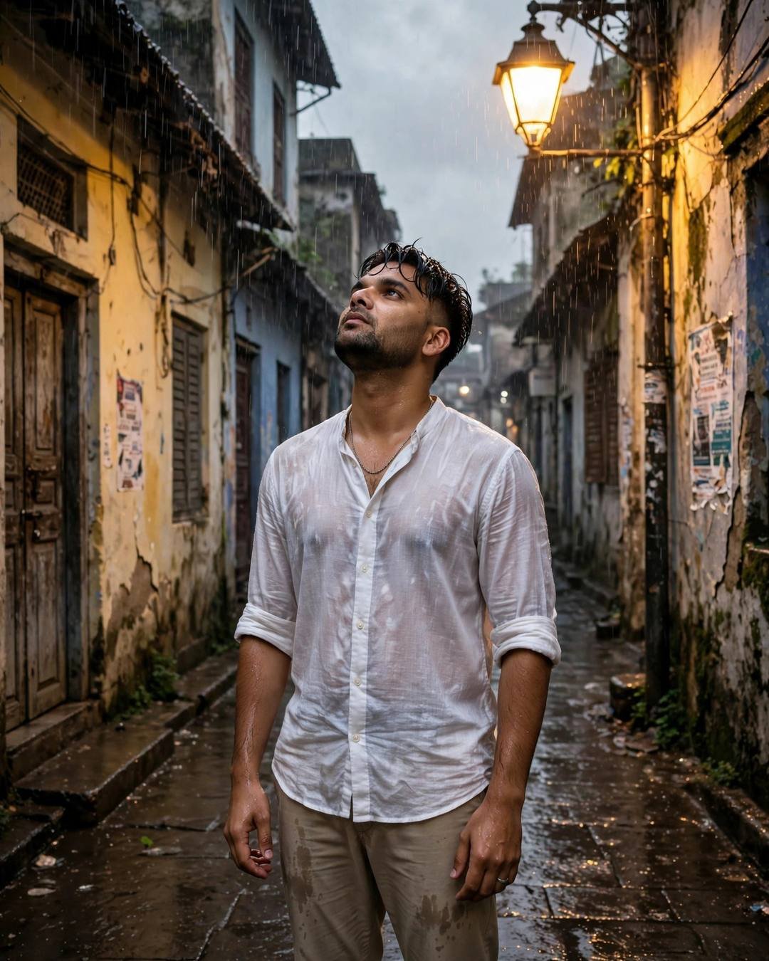 Young Indian man in wet white linen shirt standing under a streetlamp in a rainy old-city lane, face lifted to the sky