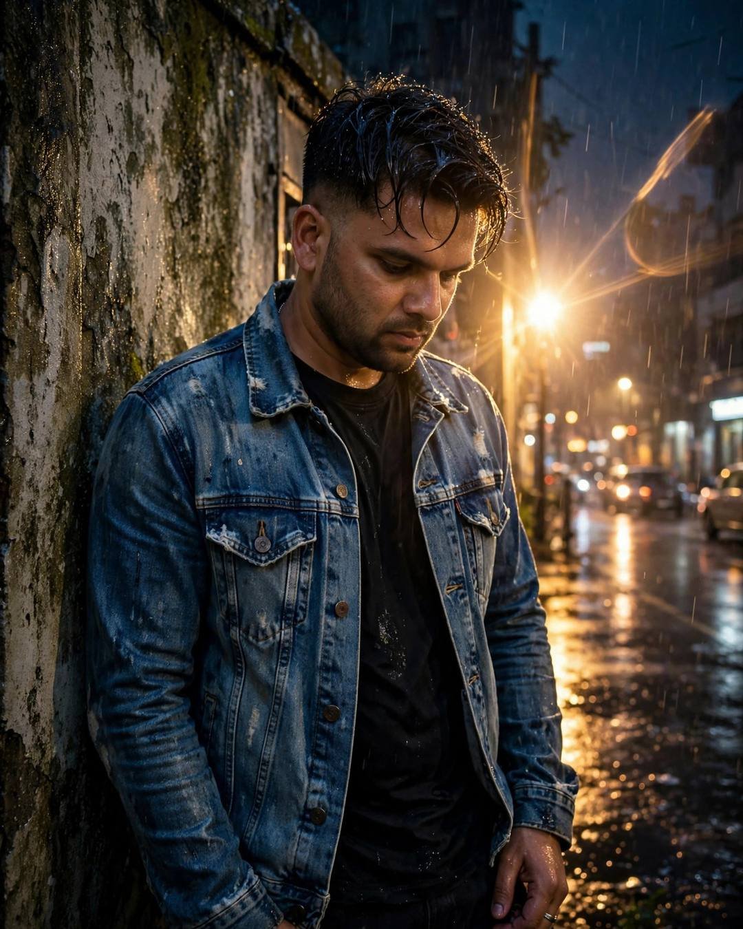 Young Indian man in distressed denim jacket leaning against a weathered wall on a rainy street at night with golden backlight