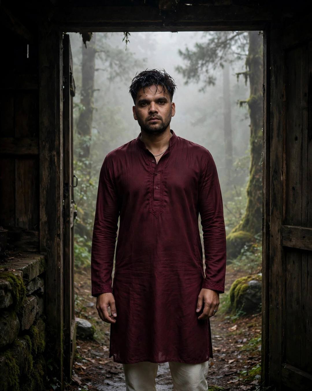 Young man in a maroon kurta standing in a stone shelter doorway on a misty forest path, dense fog, diffused dawn light, cinematic portrait