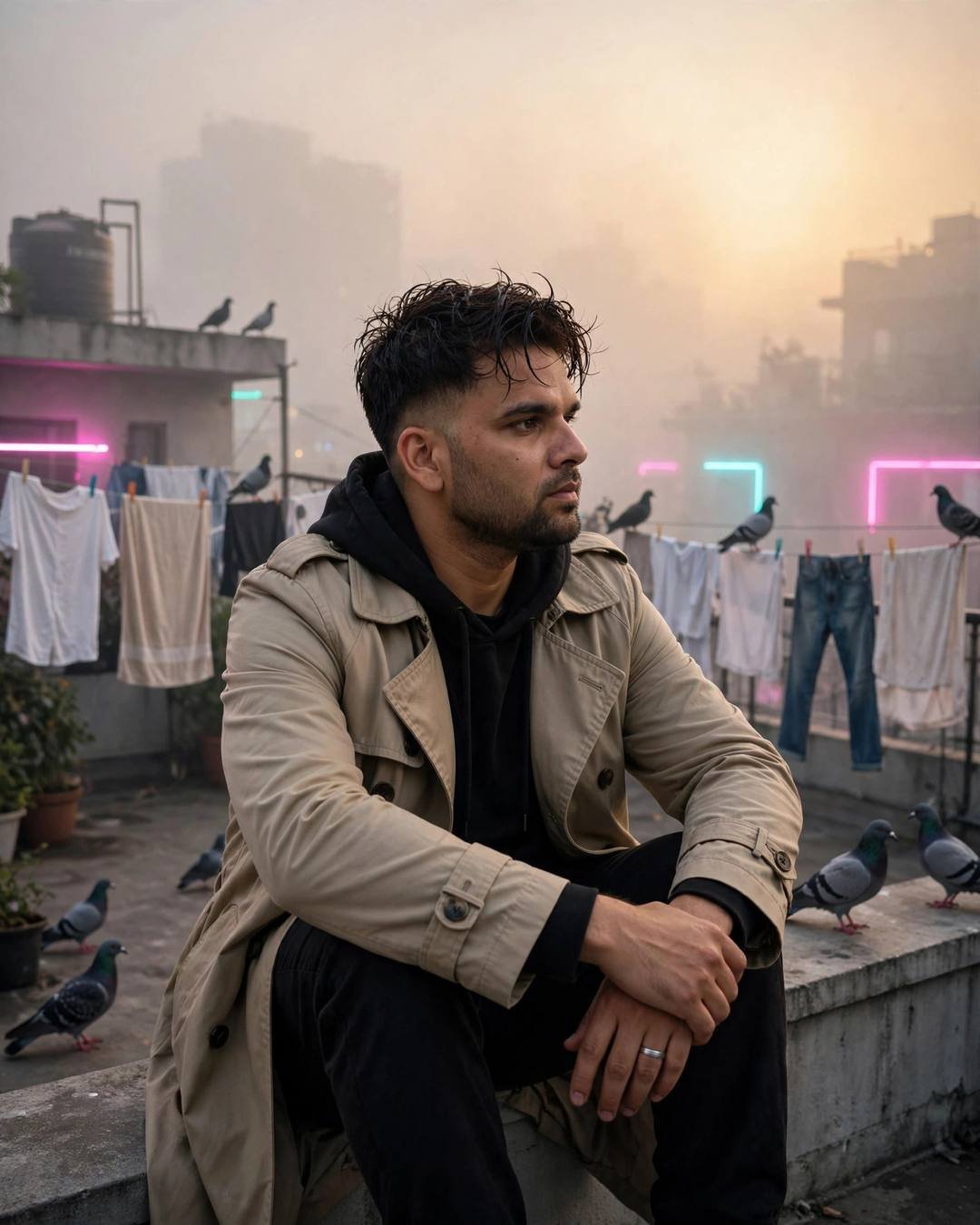 Young man in a beige trench coat sitting with knees drawn up on a foggy terrace with clothes lines and pigeons, golden hour with neon pink and cyan spill, cinematic portrait