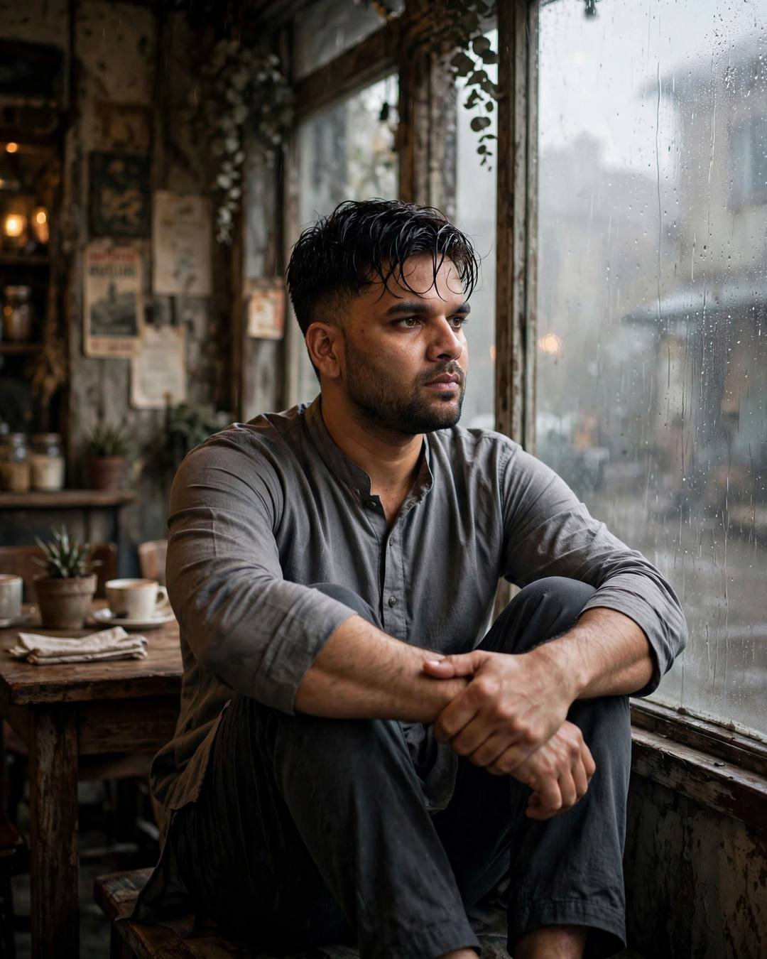 Young man in a grey kurta sitting with knees drawn up by a fogged cafe window, overcast afternoon, pale light through fog, cinematic portrait
