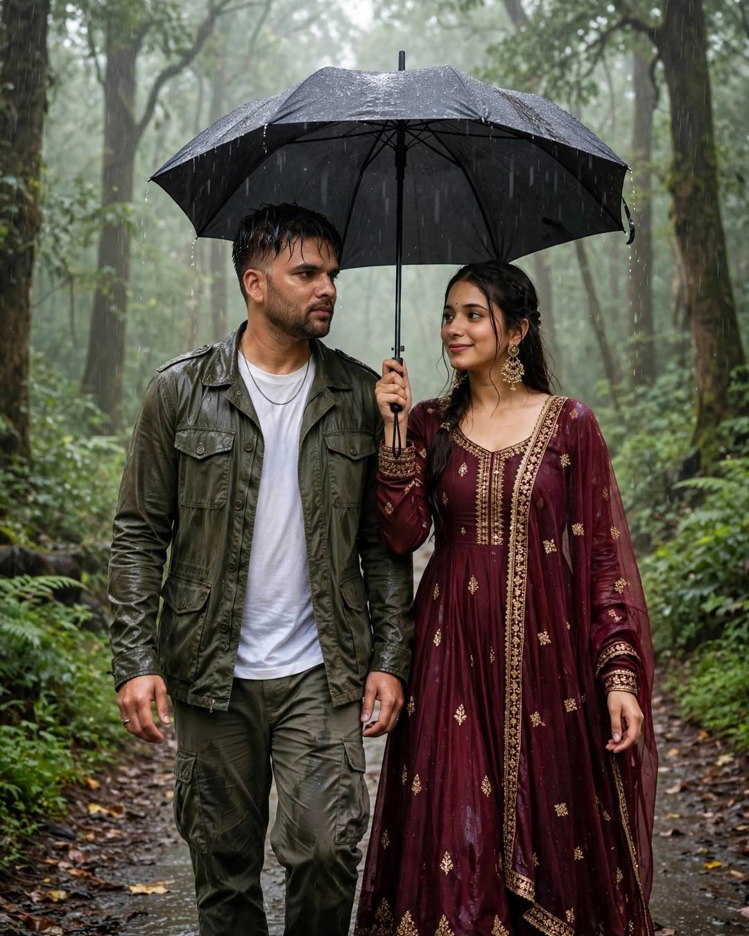 Couple walking under one black umbrella on a misty forest path in the rain, man in olive field jacket, woman in maroon anarkali with jhumkas