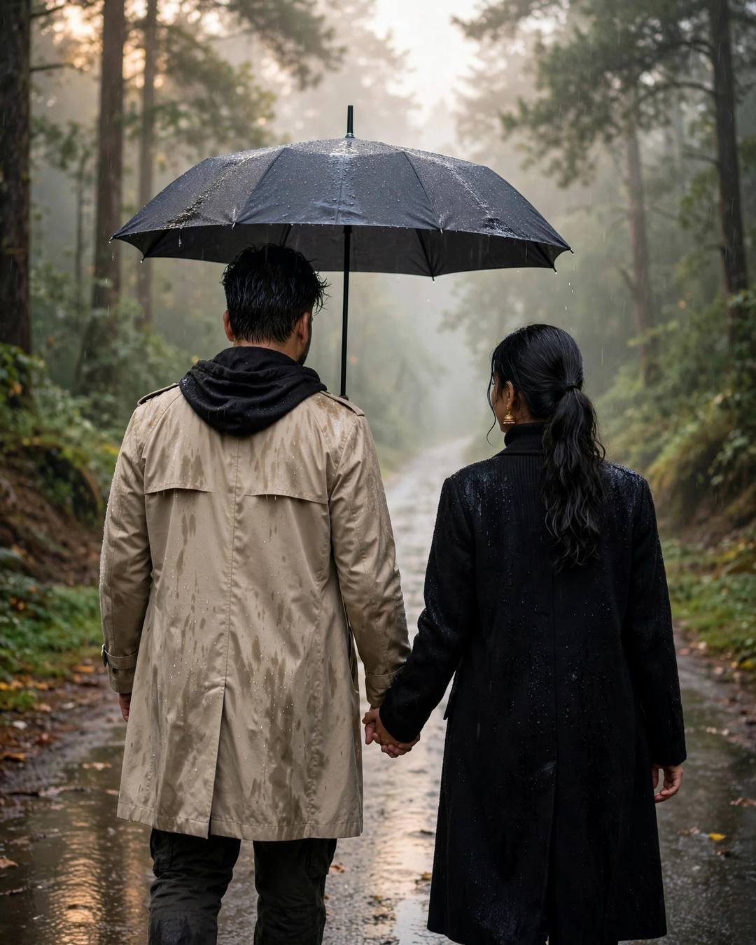 Couple walking hand in hand away from the camera down a misty forest path after rain, man in beige trench coat, woman in black turtleneck and long coat, shared umbrella